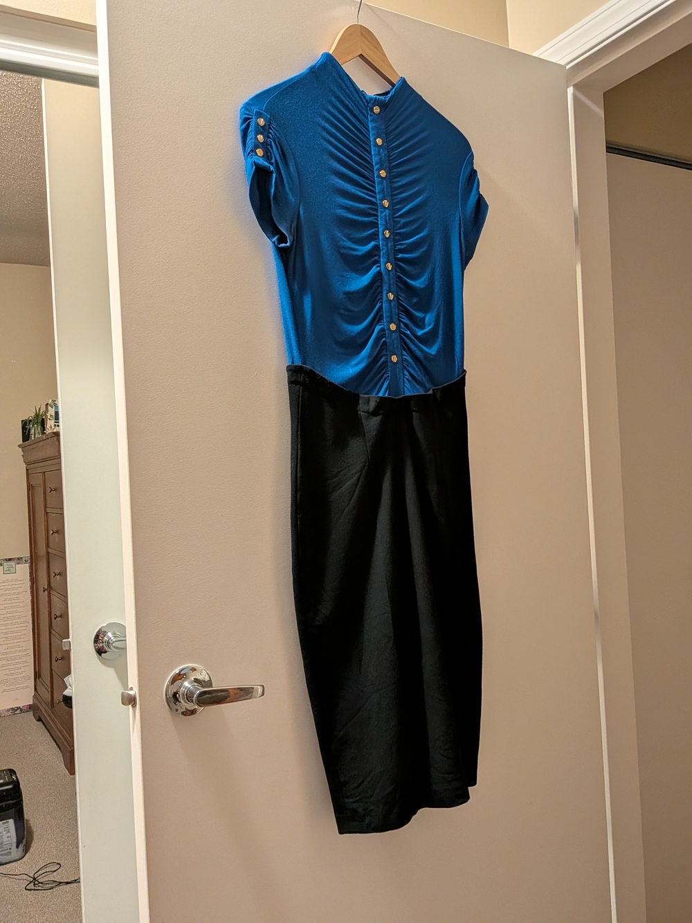 Cache Blue and Black Two-Tone Ruched Button-Front Dress